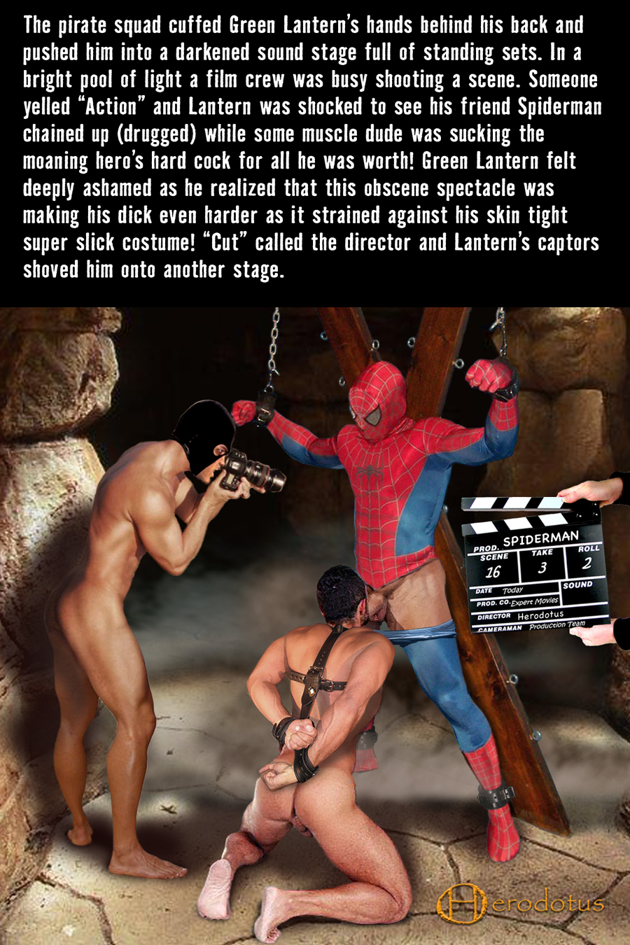 Herodotus Spiderman is tied up and sucked off