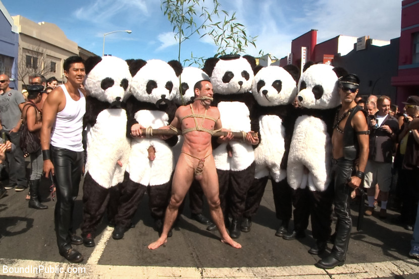 Six assless pandas use and abuse Jason Miller at Folsom Street Fair