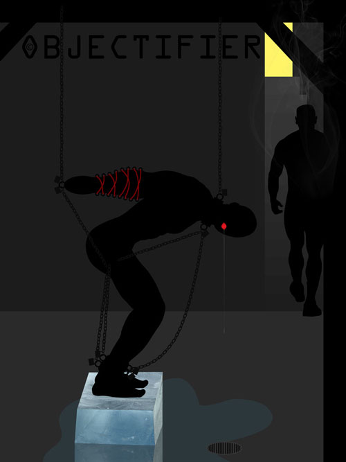 Objectifier writes: “This piece is called ‘Iced Strappado.’ Here an objectified man is standing on a melting block of ice (in reality you have to wear boots for this, and they have to have cleats so you don't slip off the ice). The whole thing is calibrated to his height. His arms in the strappado position behind his back, and laced into a leather arm binder. The binder is chained to an overhead beam and to a ball stretcher. His neck is chained to the ceiling as well as to the ball stretcher. Likewise, the stretcher is locked to his ankle cuffs. The only real slack is left in the chain that connects his collar to his ankle cuffs. As the ice melts his arms are pulled up to just the level that he can bear without damage. His feet reach the ground and his legs can stretch out so he can stand. Of course, by standing up straighter his neck and his legs pull on his balls mercilessly. Umm, don't try this unless you have a subject who is in EXCELLENT shape and actually able to stretch. Never leave anyone alone in this situation. Also, make sure to test it thoroughly before ever getting around to doing something like this. Otherwise, you will end up in the Emergency Room first with probably worse to follow.”