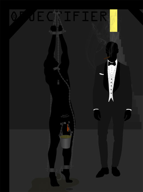 Objectifier writes: “This piece is called ‘I own the club’ and it's from 2013. The name is a riff on the James Bond movie ‘Goldfinger.’ Here the objectified man is standing on tiptoe chained to an overhead beam. He is catheterized and the piss flows into a bucket slung from a ball stretcher. Once the bucket fills up he's got several kilos of weight slung from his scrotum. Of course, there is nothing at all he can do to stop the piss from flowing. As he moves around trying to get any relief possible, some of the piss sloshes out and he ends up standing in it. I am standing by watching just enjoying my Cigar. I'm dressed in my dinner clothes. I often enjoy the extreme power dynamic when I'm dressed in evening clothes and an object is naked before me.”